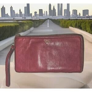 Fossil Zip Wallet Wristlet Leather RED 8 x 4" small
